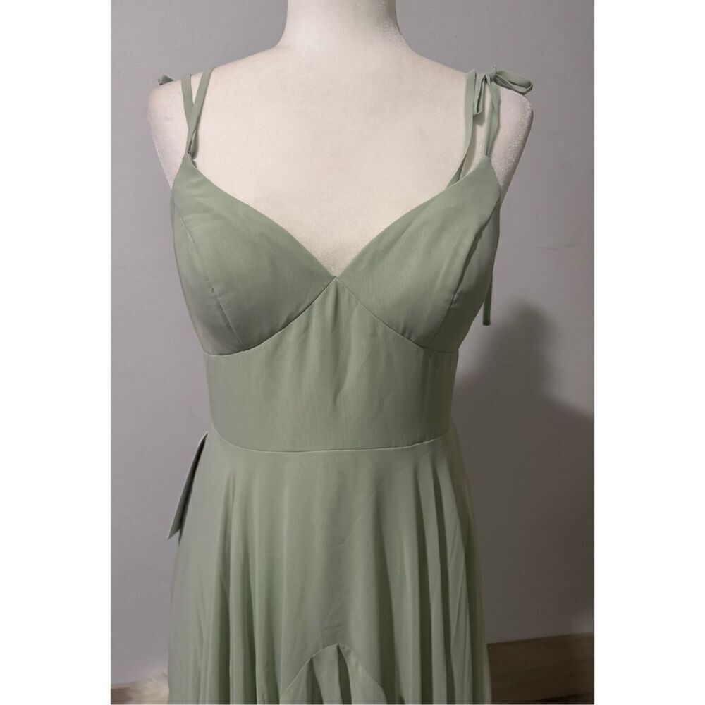 Azazie Barbie NWT  Briadsmaid A8 v neck chiffon tiered a line dress dusty sage A - Picture 3 of 14